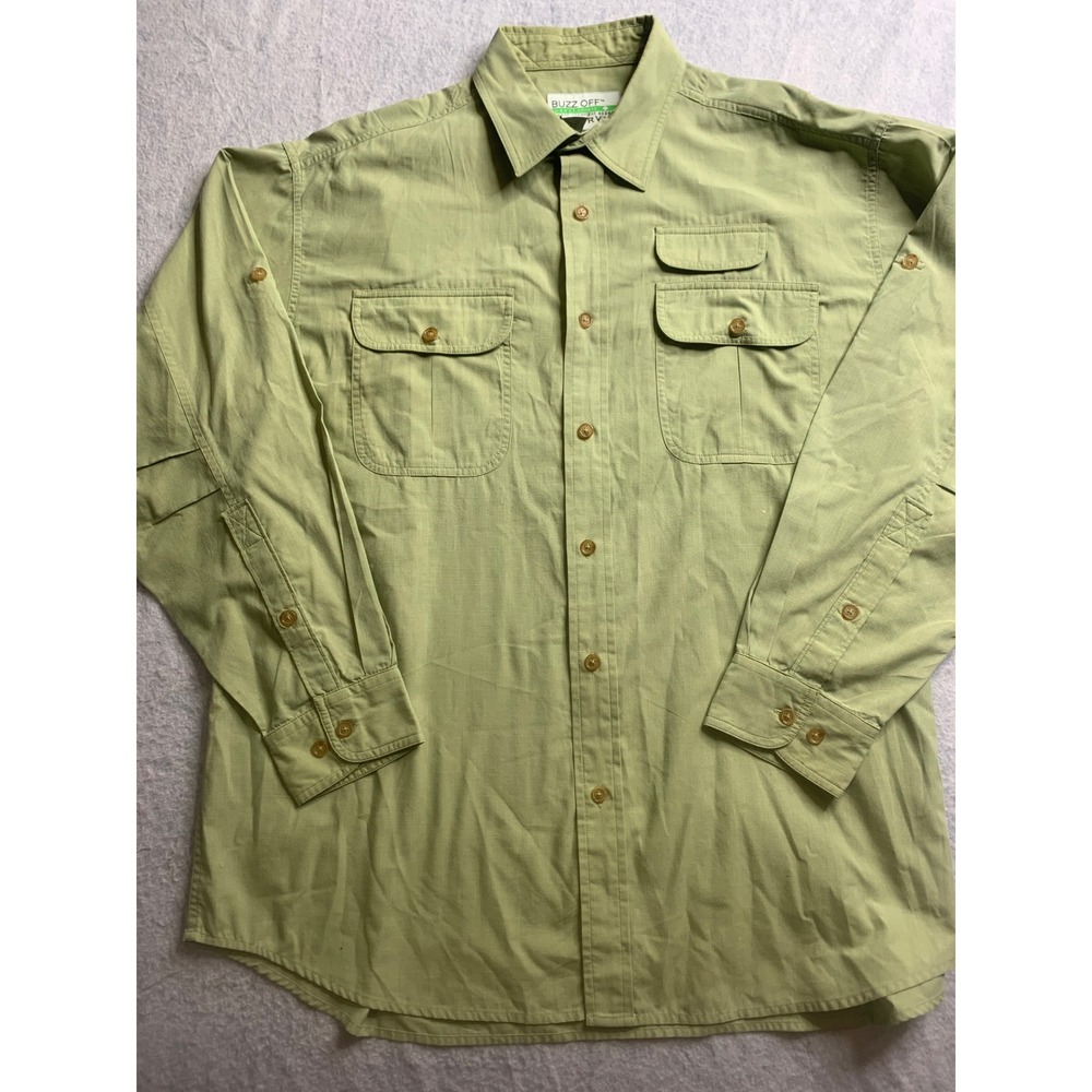 Orvis Buzz‎ Off Insect Shield Long Sleeve Button Up Shirt Men's L Green